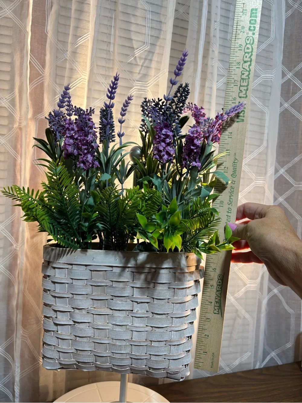 Decorative Lavender and Green Faux Floral Arrangement in White Woven Planter 18”